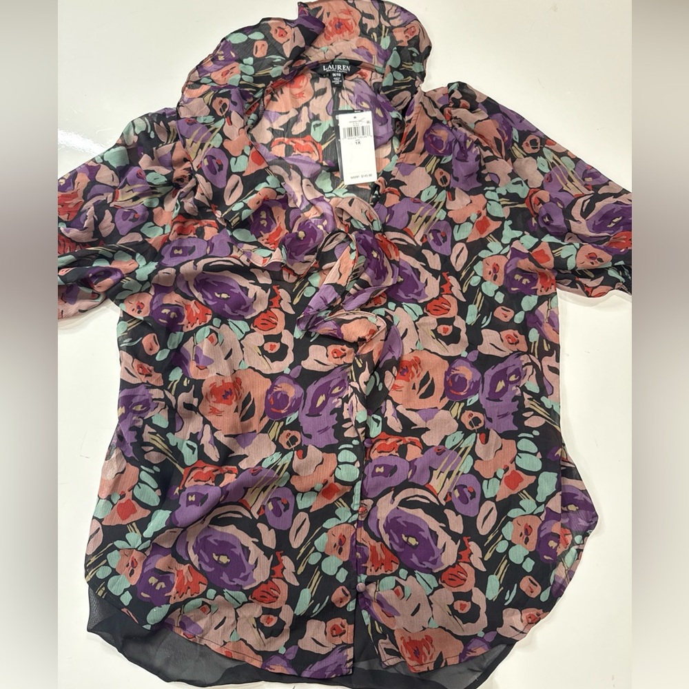 NWT Lauren Ralph Lauren Women's Floral Crepe Blouse 1X Black Multi Colored A0301